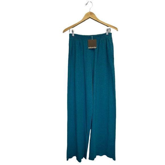 New Eskandar Pants Teal Blue 100% Pima Cotton Wide Leg Extra Long - Picture 4 of 12
